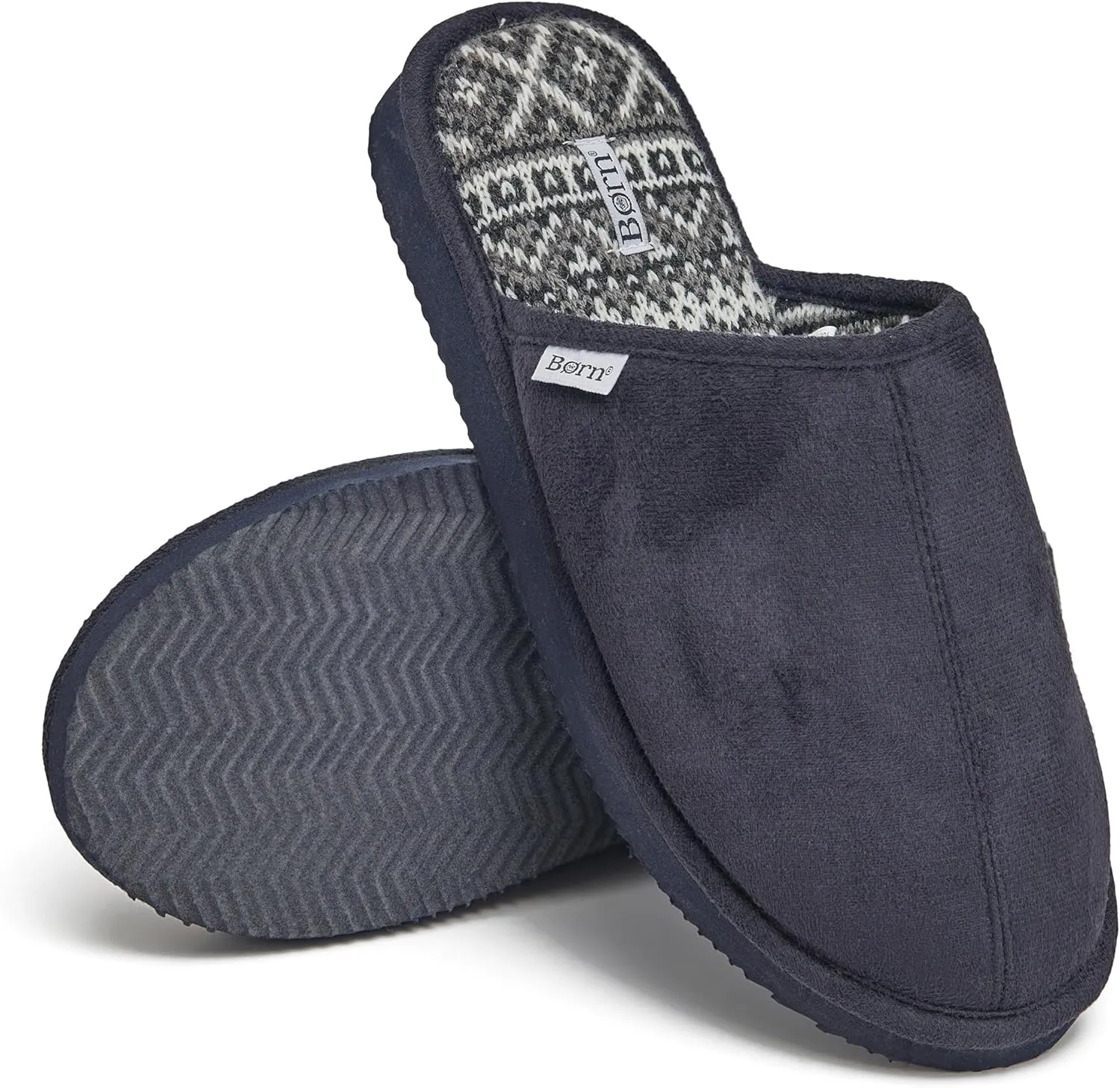 BORN Mens Scuff Slippers, Faux Suede House Slippers for Men with Fair Isle Knit or Sherpa Lining, Gifts For Him