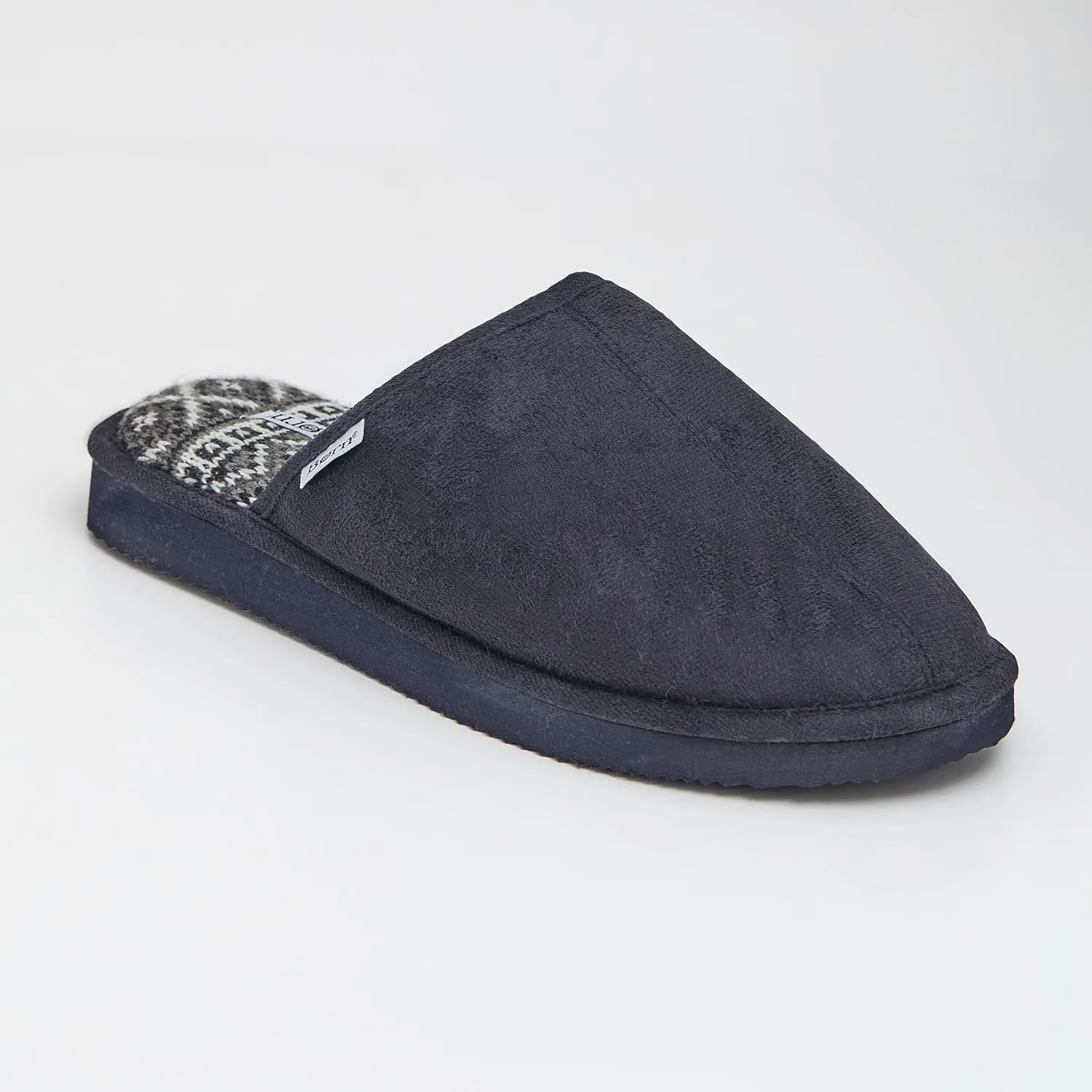 BORN Mens Scuff Slippers, Faux Suede House Slippers for Men with Fair Isle Knit or Sherpa Lining, Gifts For Him