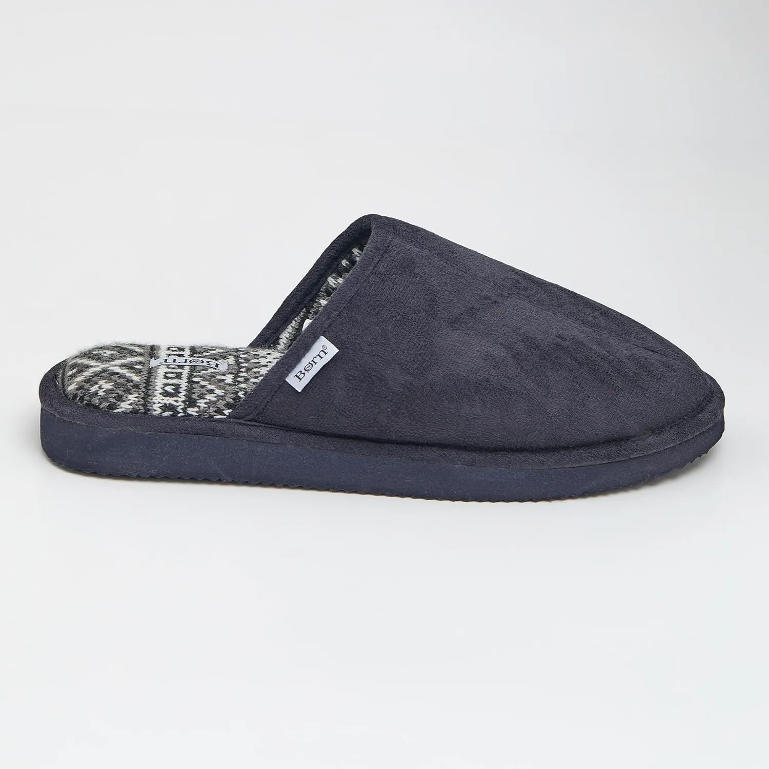 BORN Mens Scuff Slippers, Faux Suede House Slippers for Men with Fair Isle Knit or Sherpa Lining, Gifts For Him