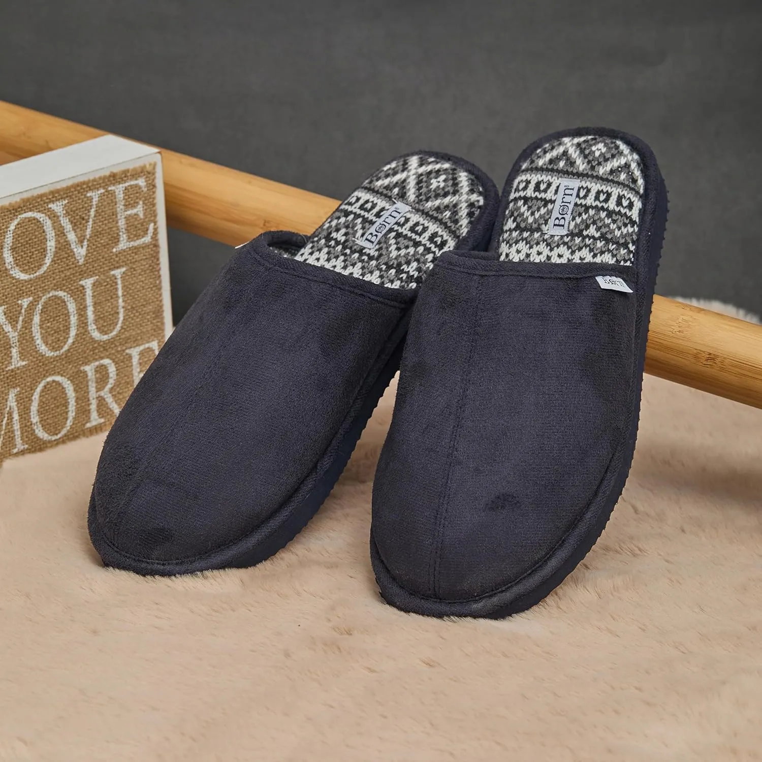 BORN Mens Scuff Slippers, Faux Suede House Slippers for Men with Fair Isle Knit or Sherpa Lining, Gifts For Him