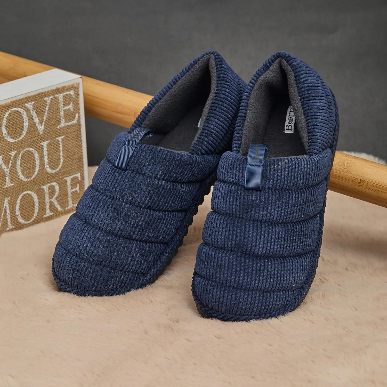 BORN Quilted Corduroy or Plaid Mens Slippers, Fleece or Sherpa-Lined House Slippers for Men, Gifts for Him