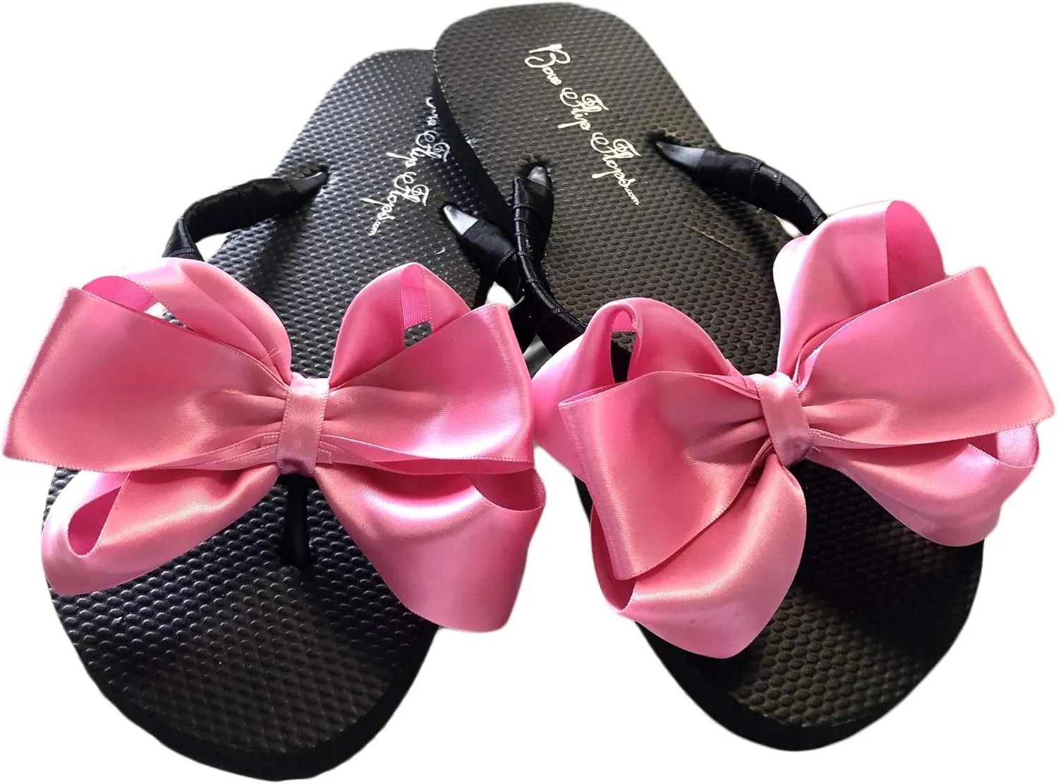 Bow Flip Flops Black Satin, Flat Sandals for Women