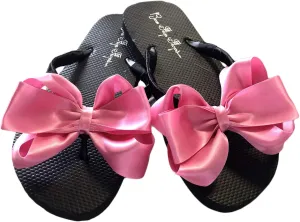 Bow Flip Flops Black Satin, Flat Sandals for Women