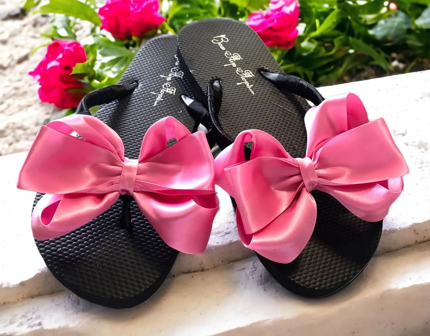 Bow Flip Flops Black Satin, Flat Sandals for Women
