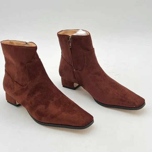 Brown Comfy Round Toe Chunky Low Heel Ankle Boots Side Zipper Ladies Trendy Boot