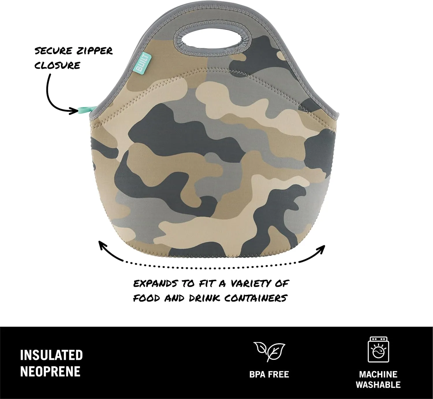 BUILT Gourmet Getaway Soft Neoprene Lunch Tote Bag Lightweight, Insulated and Reusable, One Size, Concrete Grey Camo