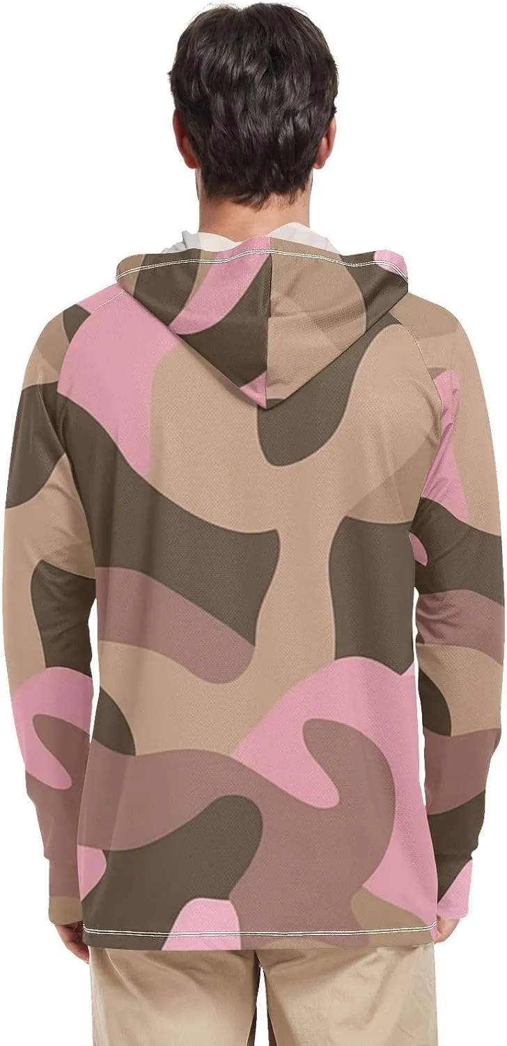 Camouflage Coffee Brown Mens Hoodie Sun Protection Long Sleeve Fishing Shirts UPF 50  Fishing Shirts UV Rash Guard with Hood