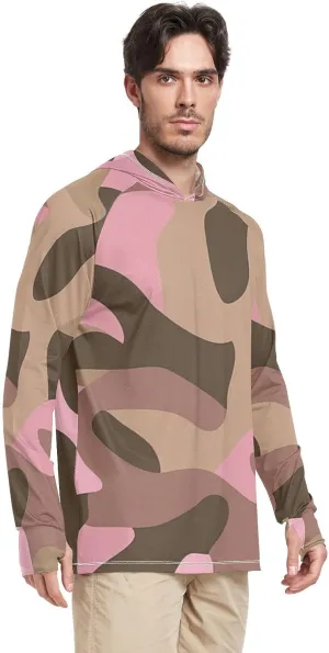Camouflage Coffee Brown Mens Hoodie Sun Protection Long Sleeve Fishing Shirts UPF 50  Fishing Shirts UV Rash Guard with Hood