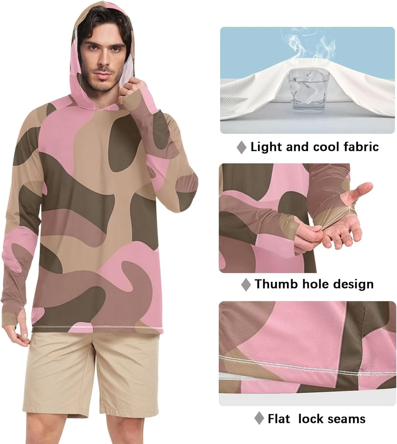 Camouflage Coffee Brown Mens Hoodie Sun Protection Long Sleeve Fishing Shirts UPF 50  Fishing Shirts UV Rash Guard with Hood