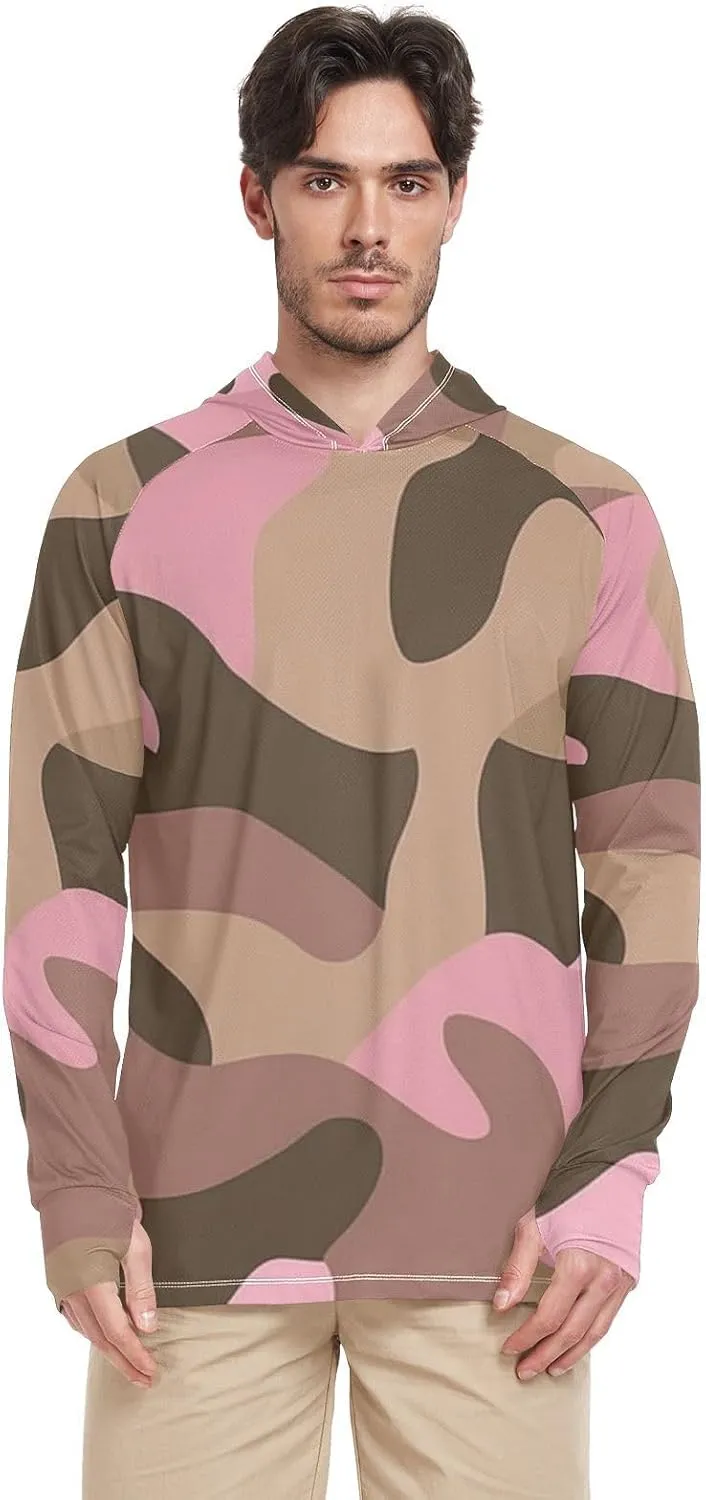 Camouflage Coffee Brown Mens Hoodie Sun Protection Long Sleeve Fishing Shirts UPF 50  Fishing Shirts UV Rash Guard with Hood