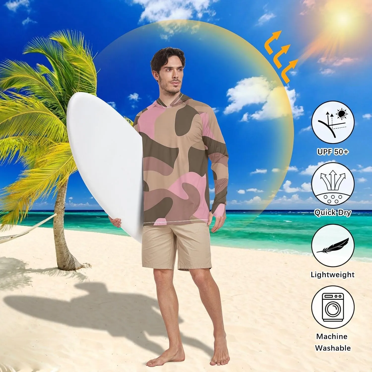 Camouflage Coffee Brown Mens Hoodie Sun Protection Long Sleeve Fishing Shirts UPF 50  Fishing Shirts UV Rash Guard with Hood