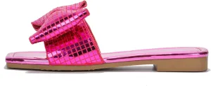 Cape Robbin Women's Slip-On Flat Sandals - Square Toe Disco Ball Metallic Design with Bow Tie - Summer Dressy Sandals (Botania) - Fuchsia Size 8