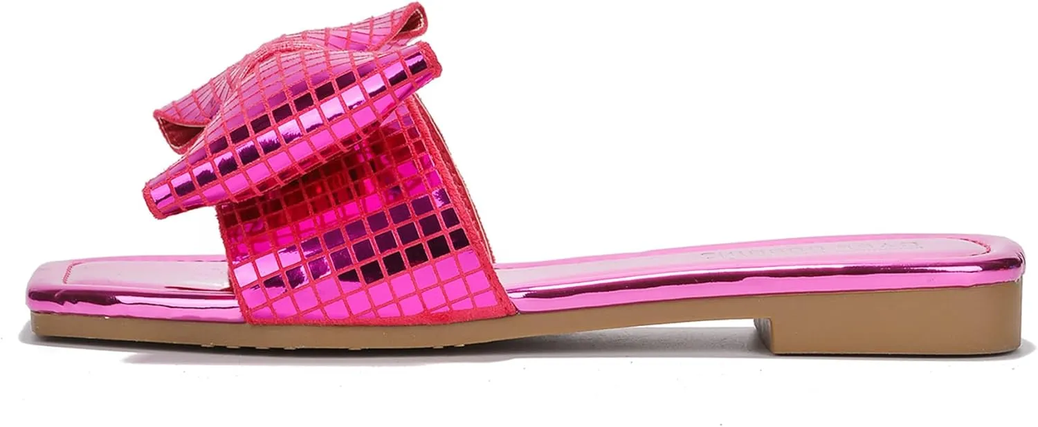 Cape Robbin Women's Slip-On Flat Sandals - Square Toe Disco Ball Metallic Design with Bow Tie - Summer Dressy Sandals (Botania) - Fuchsia Size 8