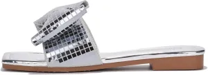 Cape Robbin Women's Slip-On Flat Sandals - Square Toe Disco Ball Metallic Design with Bow Tie - Summer Dressy Sandals (Botania)