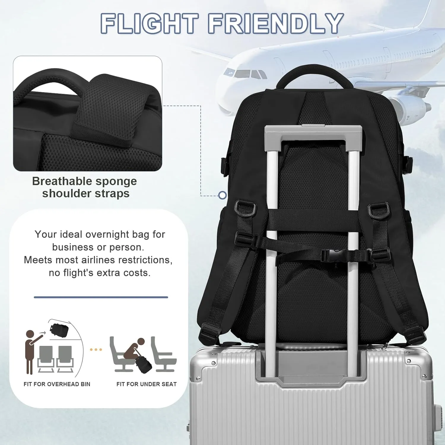 Carry On Backpack for Women, Large Travel Backpack Flight Approved, Waterproof 17 Inch Laptop Backpack Business Work Backpacks Men Mochila De Viaje, Black.