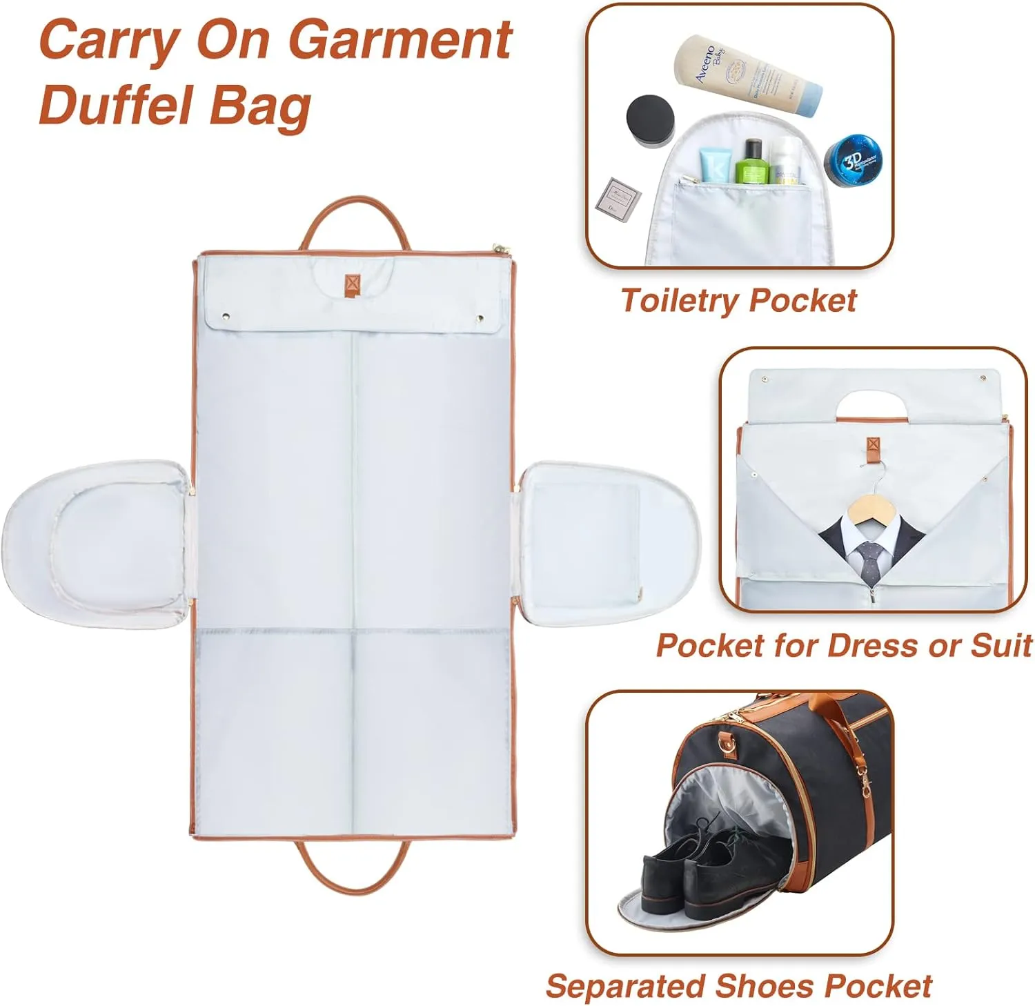 Carry On Garment Bag for Travel with Shoulder Strap, Convertible Duffel Suit Bag for Men, Waterproof Weekender Overnight Bag with Shoe Compartment, Business Trip Suit Carrier