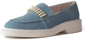 Cecelia New York Rita Mid Blue Slip On Studded Pearls Rounded Toe Loafers Shoes