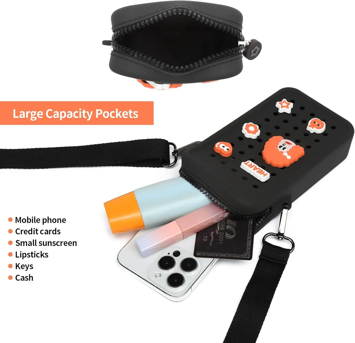 Cell Phone Purse Crossbody Bag for Women with Holes Design for Shoe Charms, Small Crossbody Phone Bag with Adjustable Strap, Soft Silicone Durable & Lightweight for Daily Use