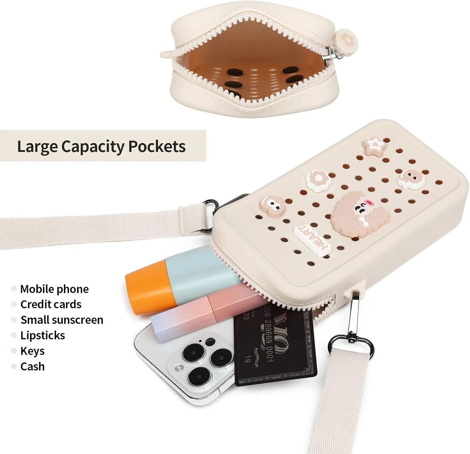 Cell Phone Purse Crossbody Bag for Women with Holes Design for Shoe Charms, Small Crossbody Phone Bag with Adjustable Strap, Soft Silicone Durable & Lightweight for Daily Use
