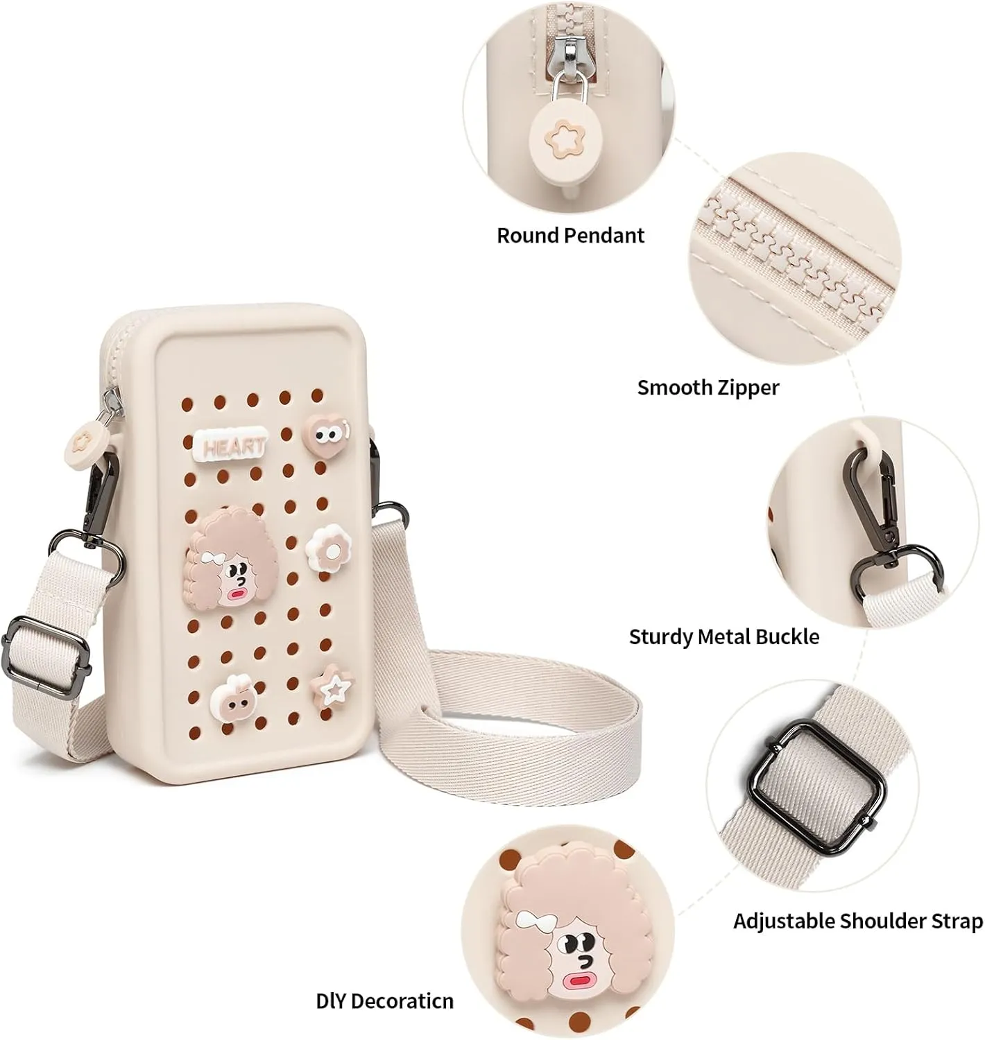 Cell Phone Purse Crossbody Bag for Women with Holes Design for Shoe Charms, Small Crossbody Phone Bag with Adjustable Strap, Soft Silicone Durable & Lightweight for Daily Use