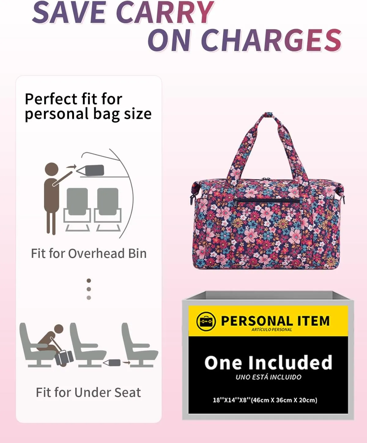 Ceneda Travel Duffel for Spirit Personal Item - 18x14x8 Under Seat Weekender Overnight with Wet Pocket & Shoe Bag Carry On for Women & Men (Red Flower)