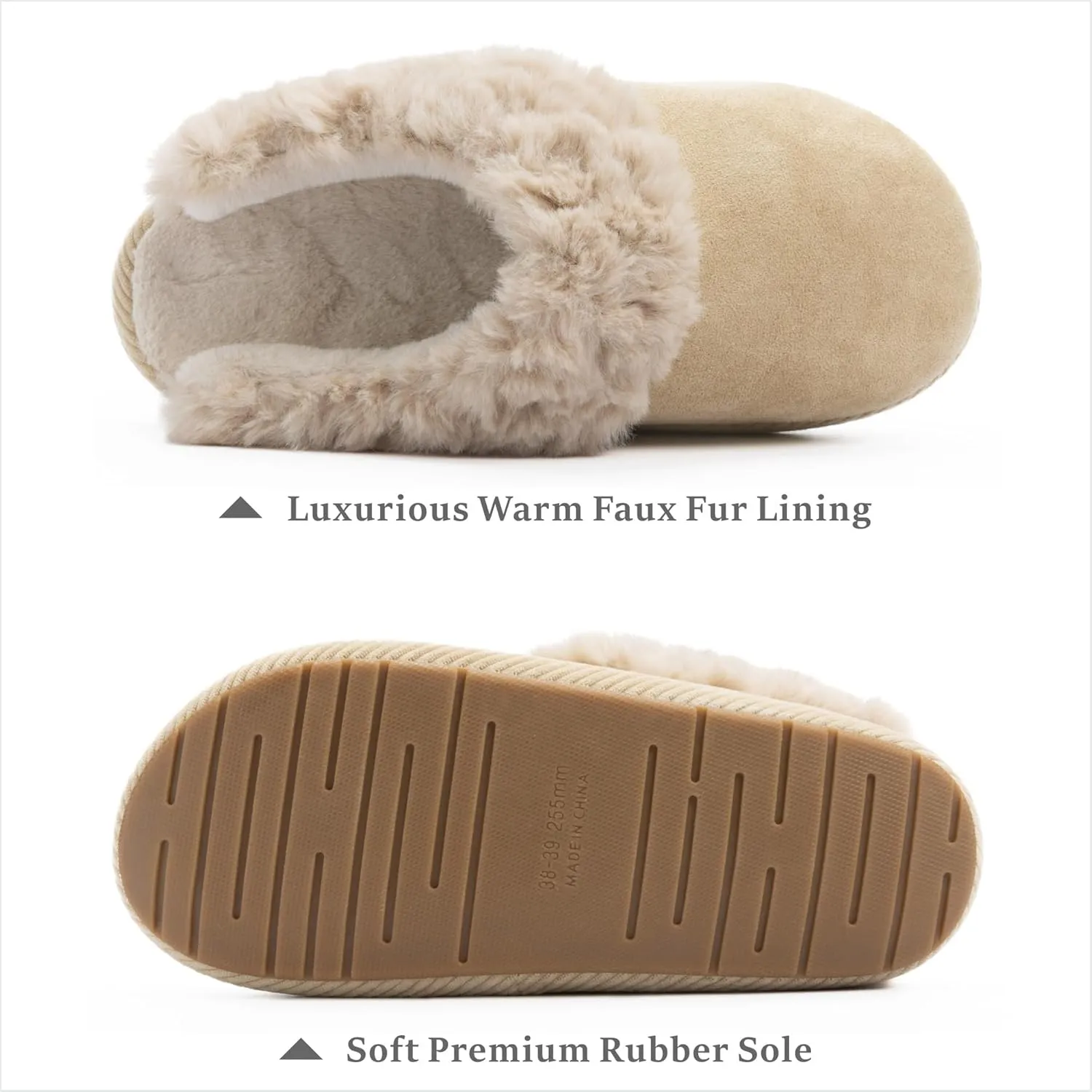 Chantomoo Slippers for Women Memory Foam House Shoes Faux Suede Upper Rubber Sole Faux Fur Lining Warm Comfy Indoor Fuzzy