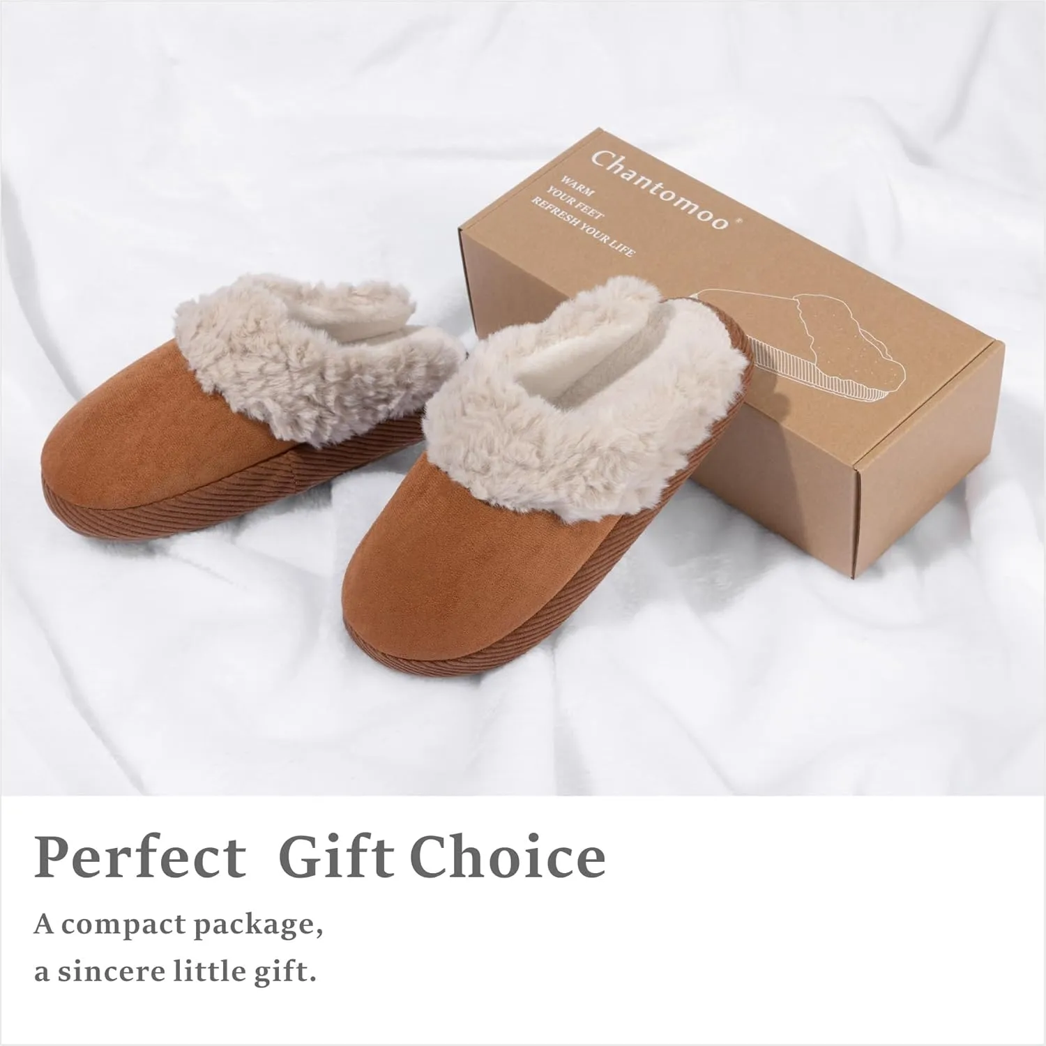 Chantomoo Slippers for Women Memory Foam House Shoes Faux Suede Upper Rubber Sole Faux Fur Lining Warm Comfy Indoor Fuzzy