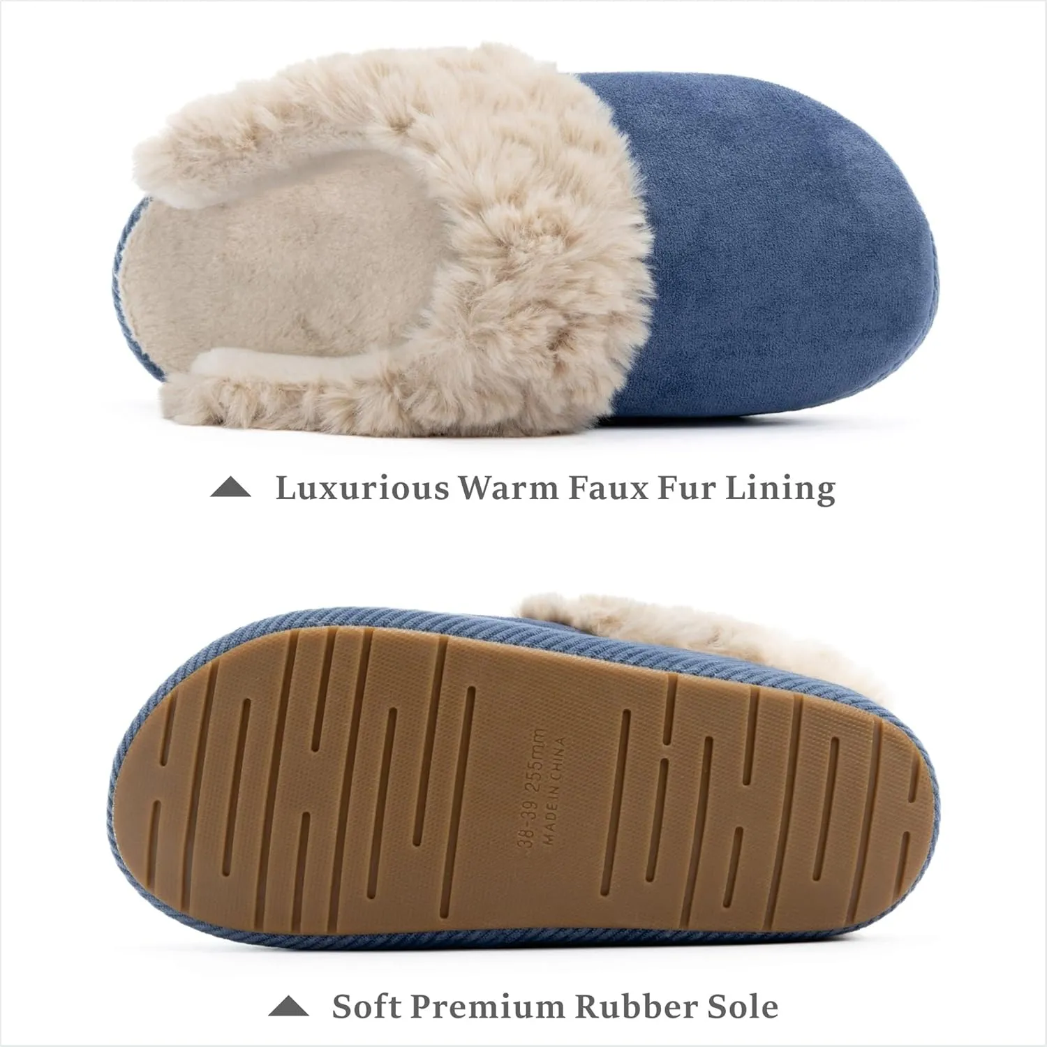 Chantomoo Slippers for Women Memory Foam House Shoes Faux Suede Upper Rubber Sole Faux Fur Lining Warm Comfy Indoor Fuzzy
