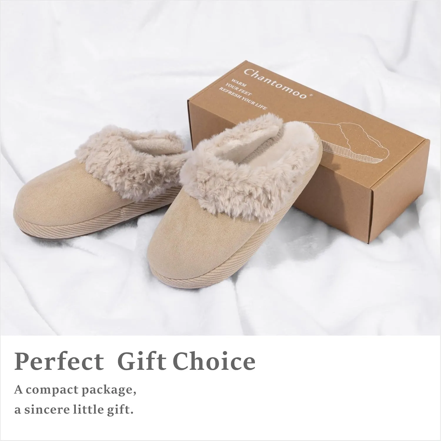 Chantomoo Slippers for Women Memory Foam House Shoes Faux Suede Upper Rubber Sole Faux Fur Lining Warm Comfy Indoor Fuzzy