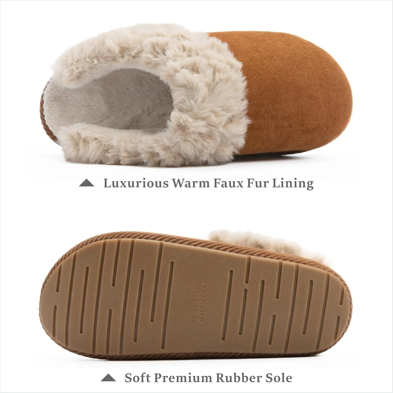 Chantomoo Slippers for Women Memory Foam House Shoes Faux Suede Upper Rubber Sole Faux Fur Lining Warm Comfy Indoor Fuzzy