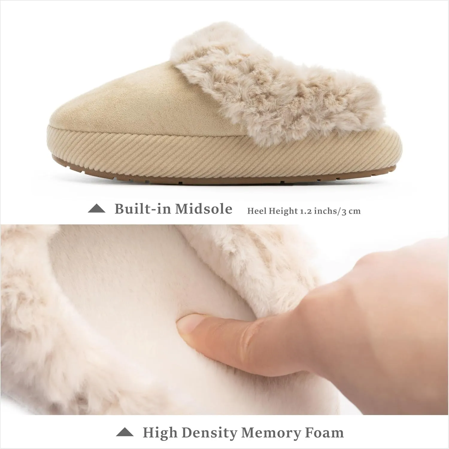 Chantomoo Slippers for Women Memory Foam House Shoes Faux Suede Upper Rubber Sole Faux Fur Lining Warm Comfy Indoor Fuzzy