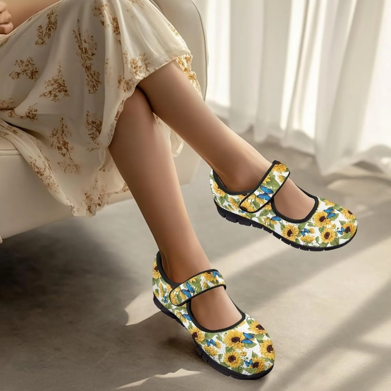 chaqlin Sunflower Mary Jane Ballet Flats Women Slip On Tennis Shoes with Single Buckle Lightweight Casual Walking Work Shoe Travel Comfy Sneaker