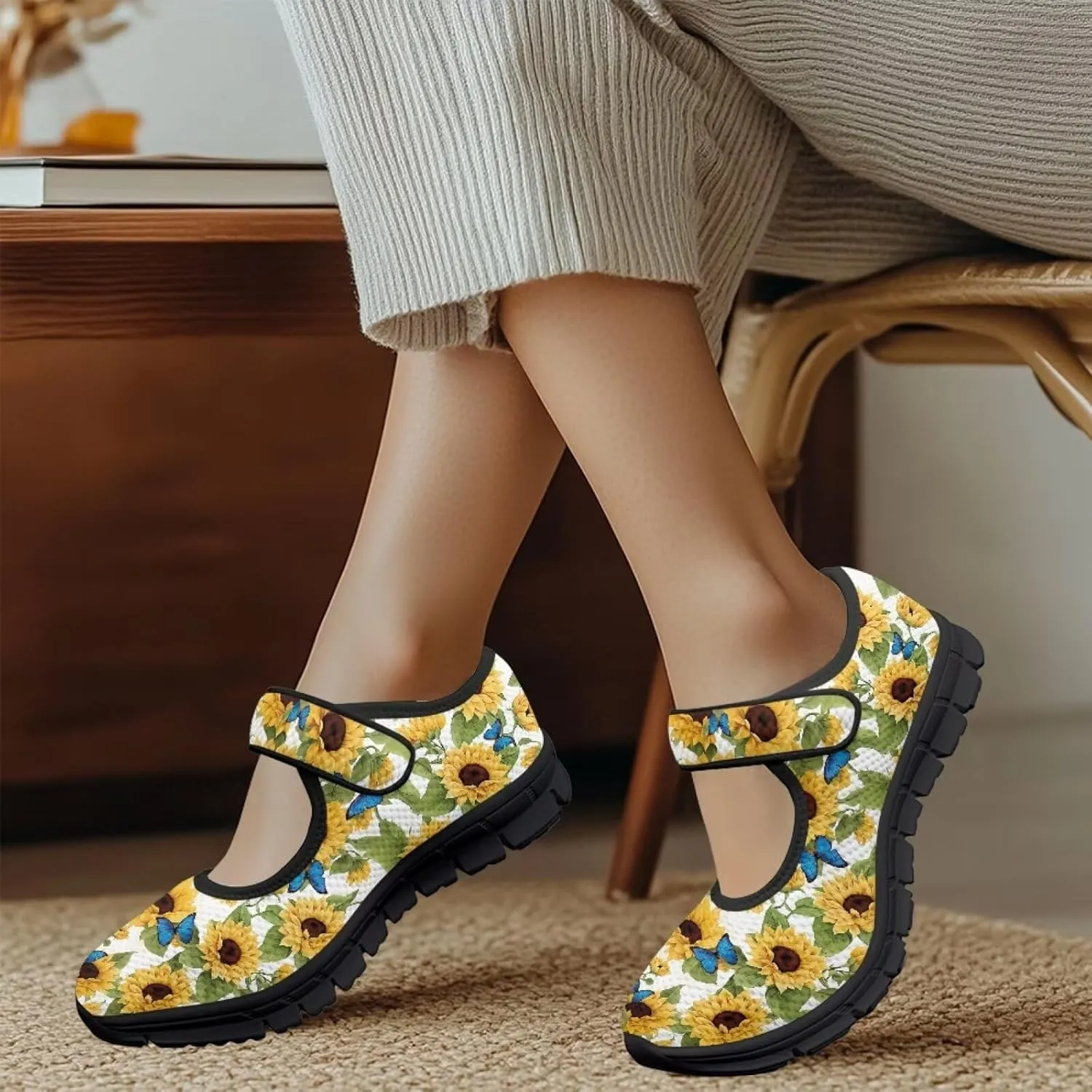 chaqlin Sunflower Mary Jane Ballet Flats Women Slip On Tennis Shoes with Single Buckle Lightweight Casual Walking Work Shoe Travel Comfy Sneaker