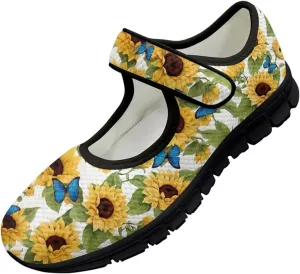 chaqlin Sunflower Mary Jane Ballet Flats Women Slip On Tennis Shoes with Single Buckle Lightweight Casual Walking Work Shoe Travel Comfy Sneaker