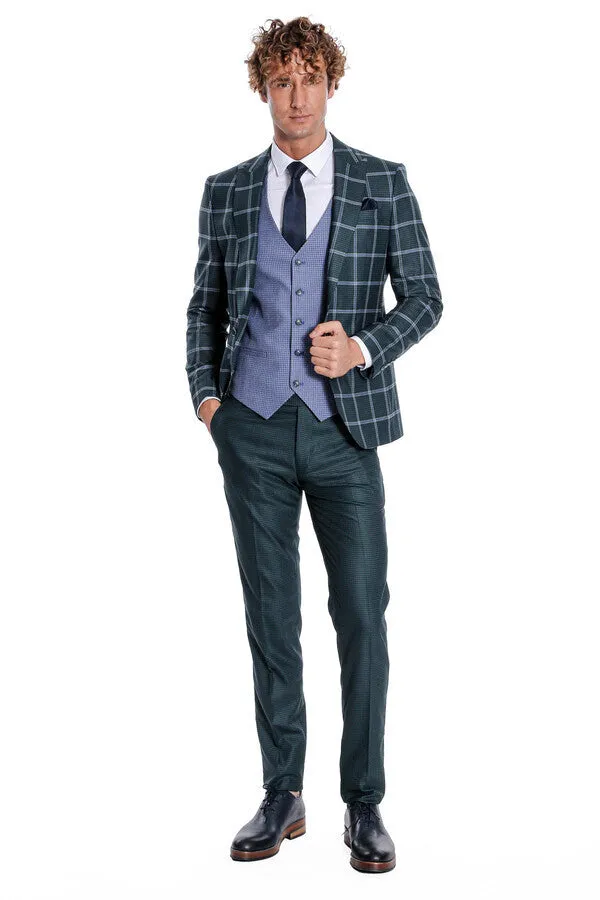 Checked Patterned Slim Fit Green Men Suit - Wessi