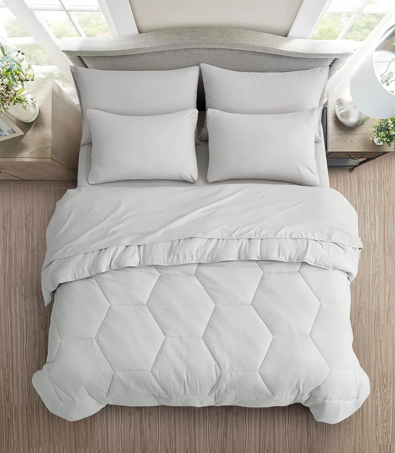 Chezmoi Collection Piper King Bed in a Bag 7-Pieces Honeycomb Hexagon Quilted Soft Washed Double Brushed Microfiber Comforter with Sheets Lightweight All Season Bedding Set (King, Light Gray)