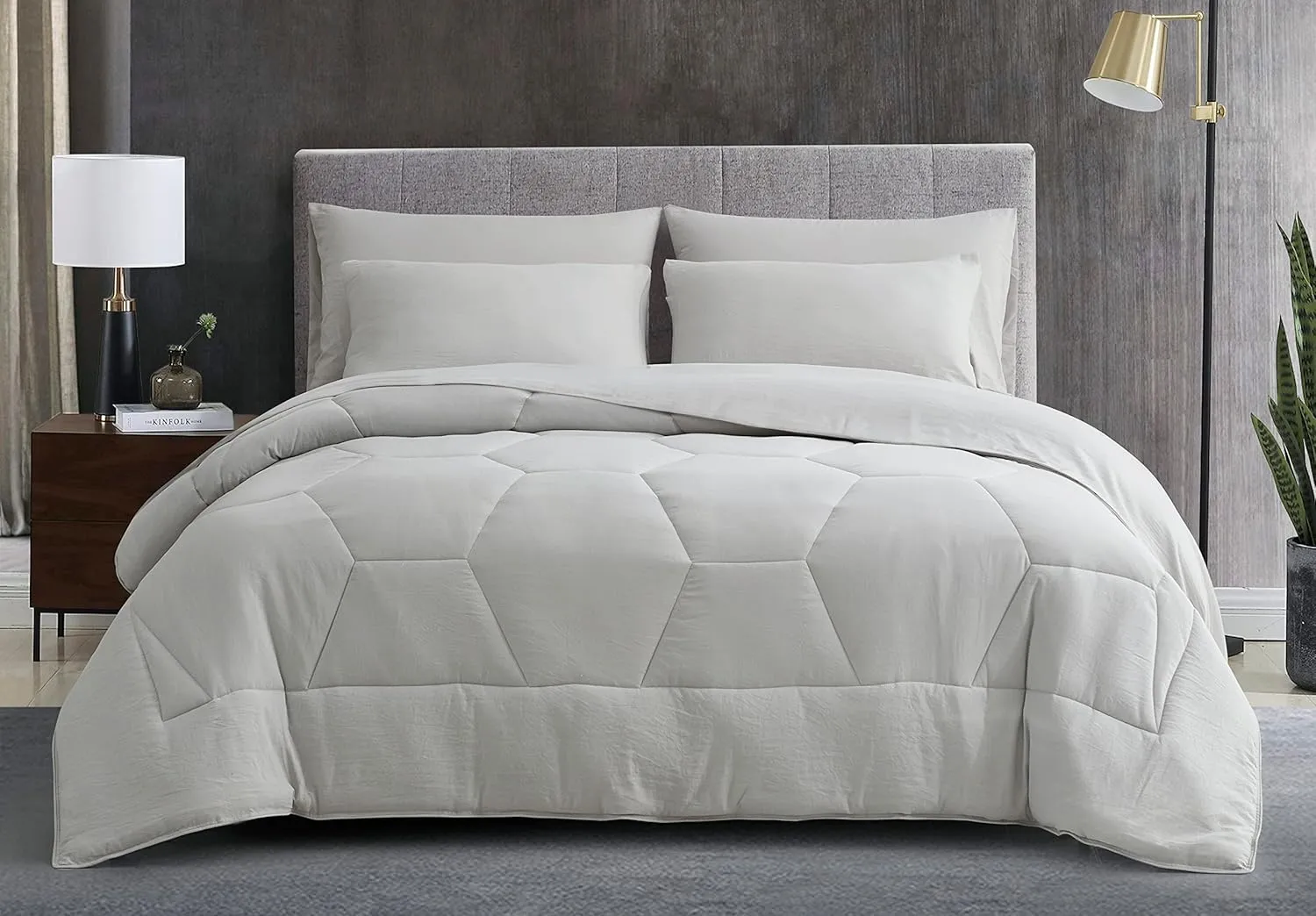 Chezmoi Collection Piper King Bed in a Bag 7-Pieces Honeycomb Hexagon Quilted Soft Washed Double Brushed Microfiber Comforter with Sheets Lightweight All Season Bedding Set (King, Light Gray)