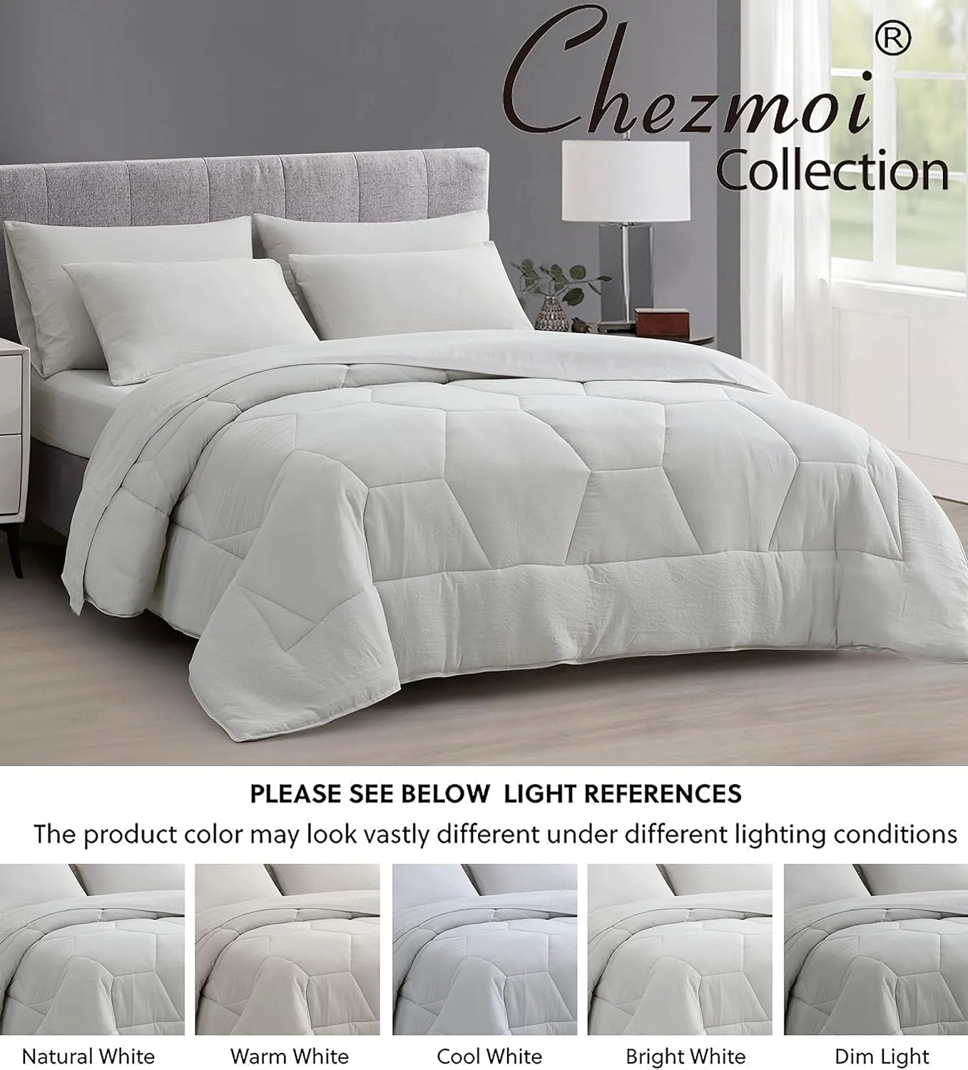 Chezmoi Collection Piper King Bed in a Bag 7-Pieces Honeycomb Hexagon Quilted Soft Washed Double Brushed Microfiber Comforter with Sheets Lightweight All Season Bedding Set (King, Light Gray)