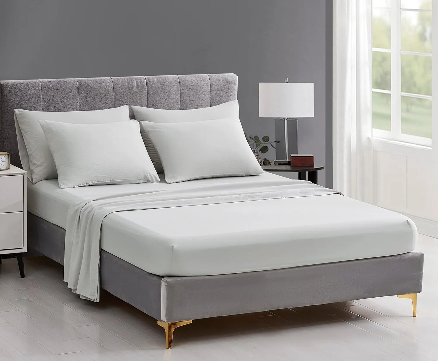 Chezmoi Collection Piper King Bed in a Bag 7-Pieces Honeycomb Hexagon Quilted Soft Washed Double Brushed Microfiber Comforter with Sheets Lightweight All Season Bedding Set (King, Light Gray)