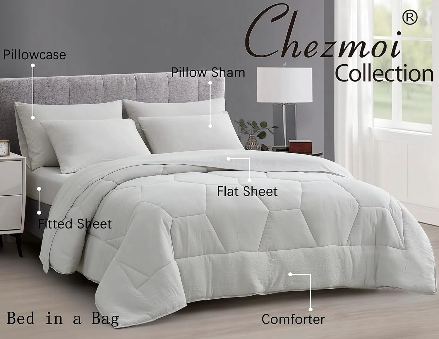 Chezmoi Collection Piper King Bed in a Bag 7-Pieces Honeycomb Hexagon Quilted Soft Washed Double Brushed Microfiber Comforter with Sheets Lightweight All Season Bedding Set (King, Light Gray)