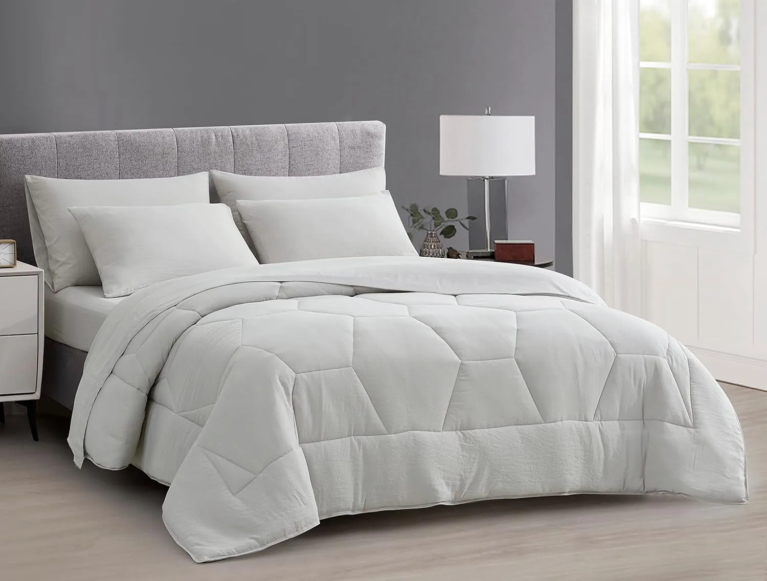 Chezmoi Collection Piper King Bed in a Bag 7-Pieces Honeycomb Hexagon Quilted Soft Washed Double Brushed Microfiber Comforter with Sheets Lightweight All Season Bedding Set (King, Light Gray)