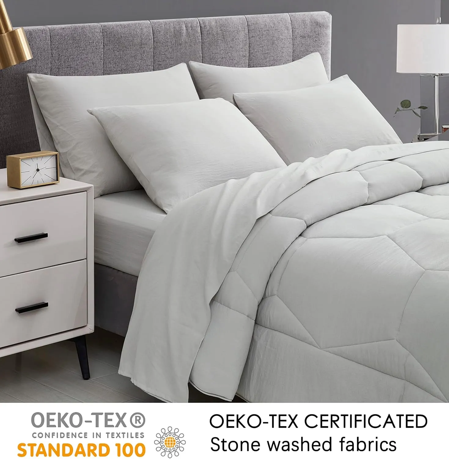 Chezmoi Collection Piper King Bed in a Bag 7-Pieces Honeycomb Hexagon Quilted Soft Washed Double Brushed Microfiber Comforter with Sheets Lightweight All Season Bedding Set (King, Light Gray)