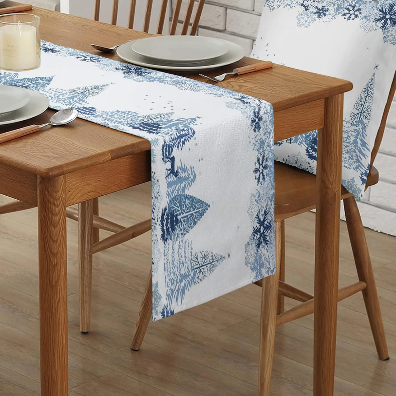Christmas Table Runner 72 Inch Blue Snowflake Winter White Holiday Table Runners for Christmas Reindeer Elk Forest Dinner Runner Xmas Party Decorations