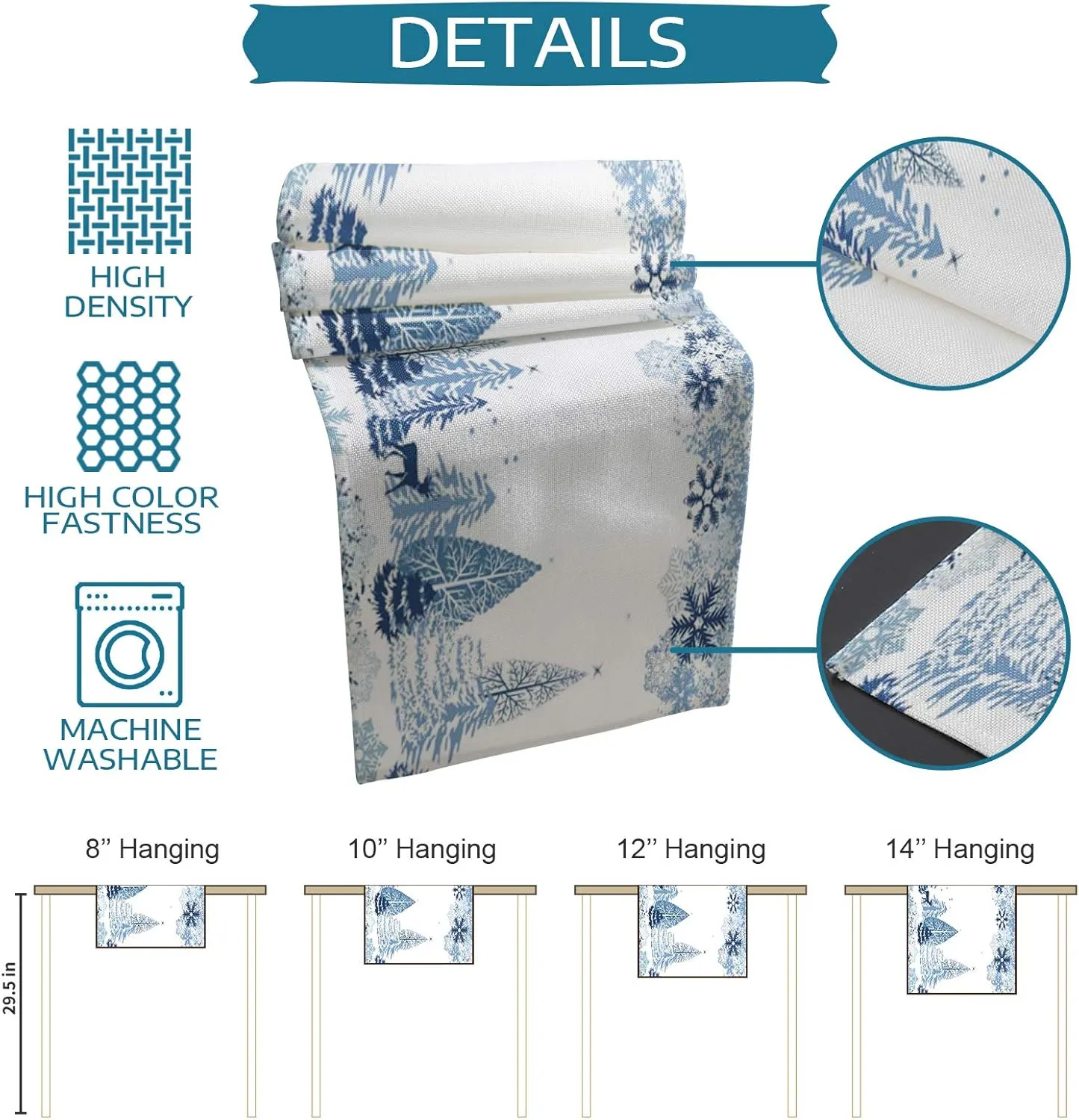 Christmas Table Runner 72 Inch Blue Snowflake Winter White Holiday Table Runners for Christmas Reindeer Elk Forest Dinner Runner Xmas Party Decorations