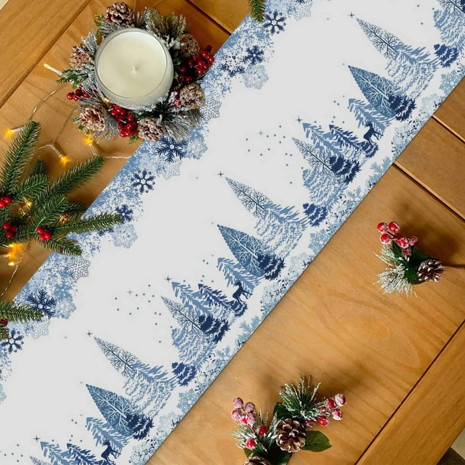 Christmas Table Runner 72 Inch Blue Snowflake Winter White Holiday Table Runners for Christmas Reindeer Elk Forest Dinner Runner Xmas Party Decorations