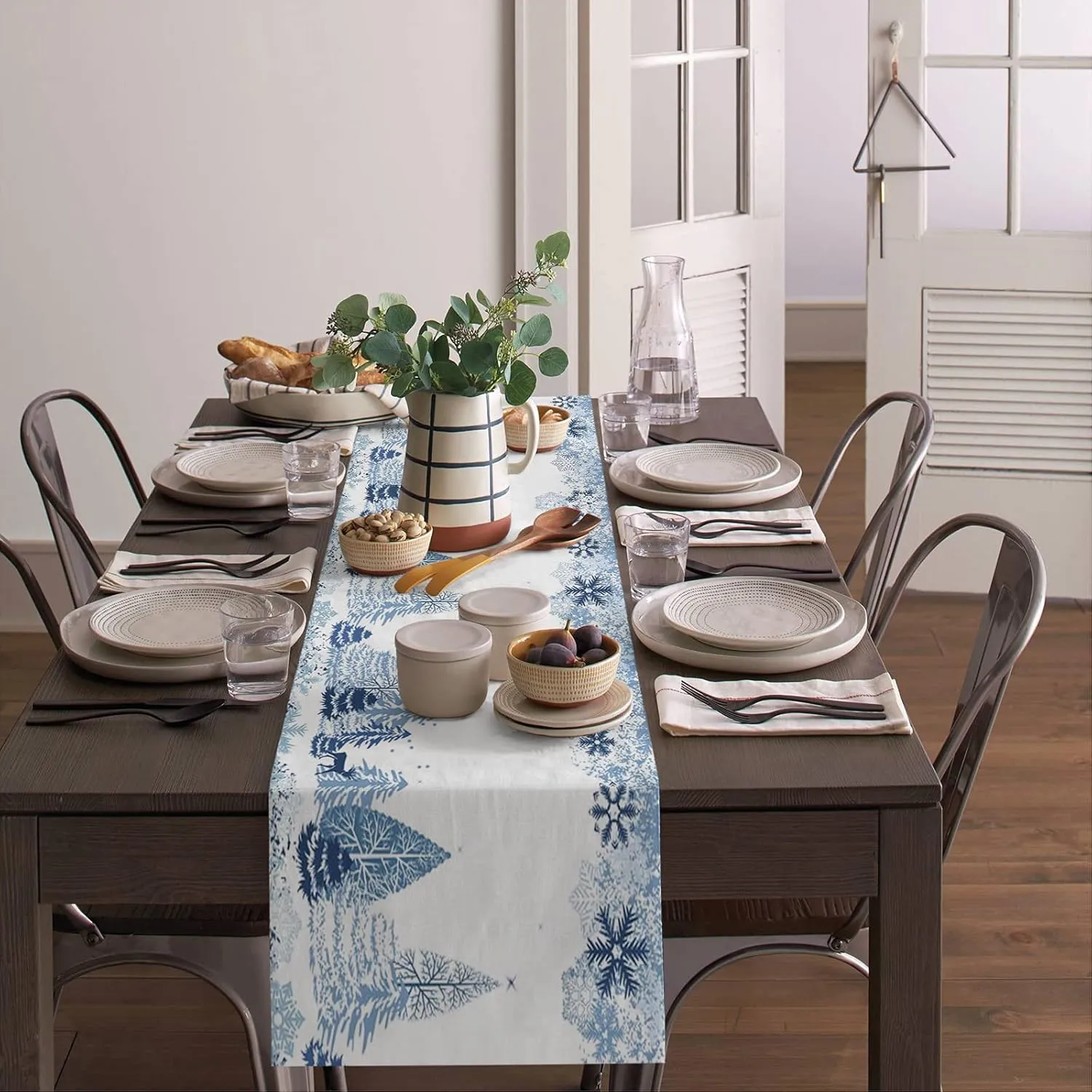 Christmas Table Runner 72 Inch Blue Snowflake Winter White Holiday Table Runners for Christmas Reindeer Elk Forest Dinner Runner Xmas Party Decorations