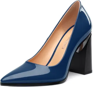 Chunky Block Heels for Women Patent Closed Pointed Toe Pumps Slip on Heels Dress Wedding Shoes 3.5IN