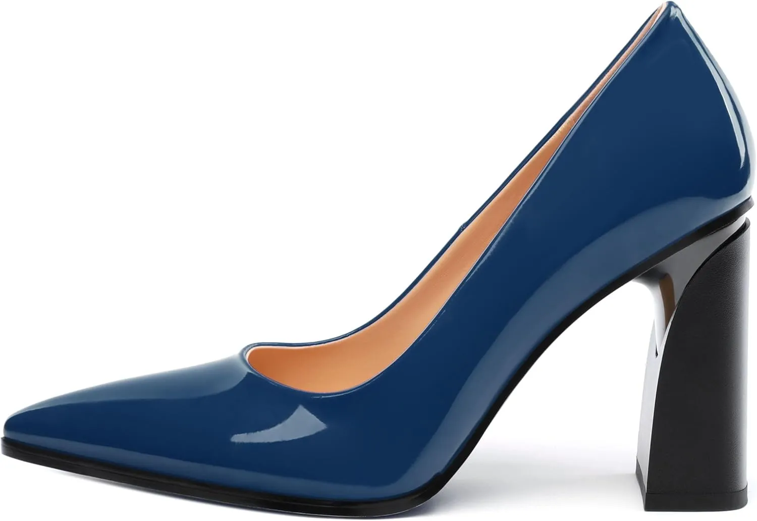 Chunky Block Heels for Women Patent Closed Pointed Toe Pumps Slip on Heels Dress Wedding Shoes 3.5IN