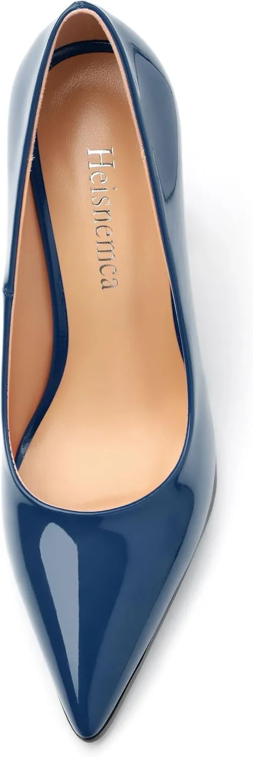 Chunky Block Heels for Women Patent Closed Pointed Toe Pumps Slip on Heels Dress Wedding Shoes 3.5IN