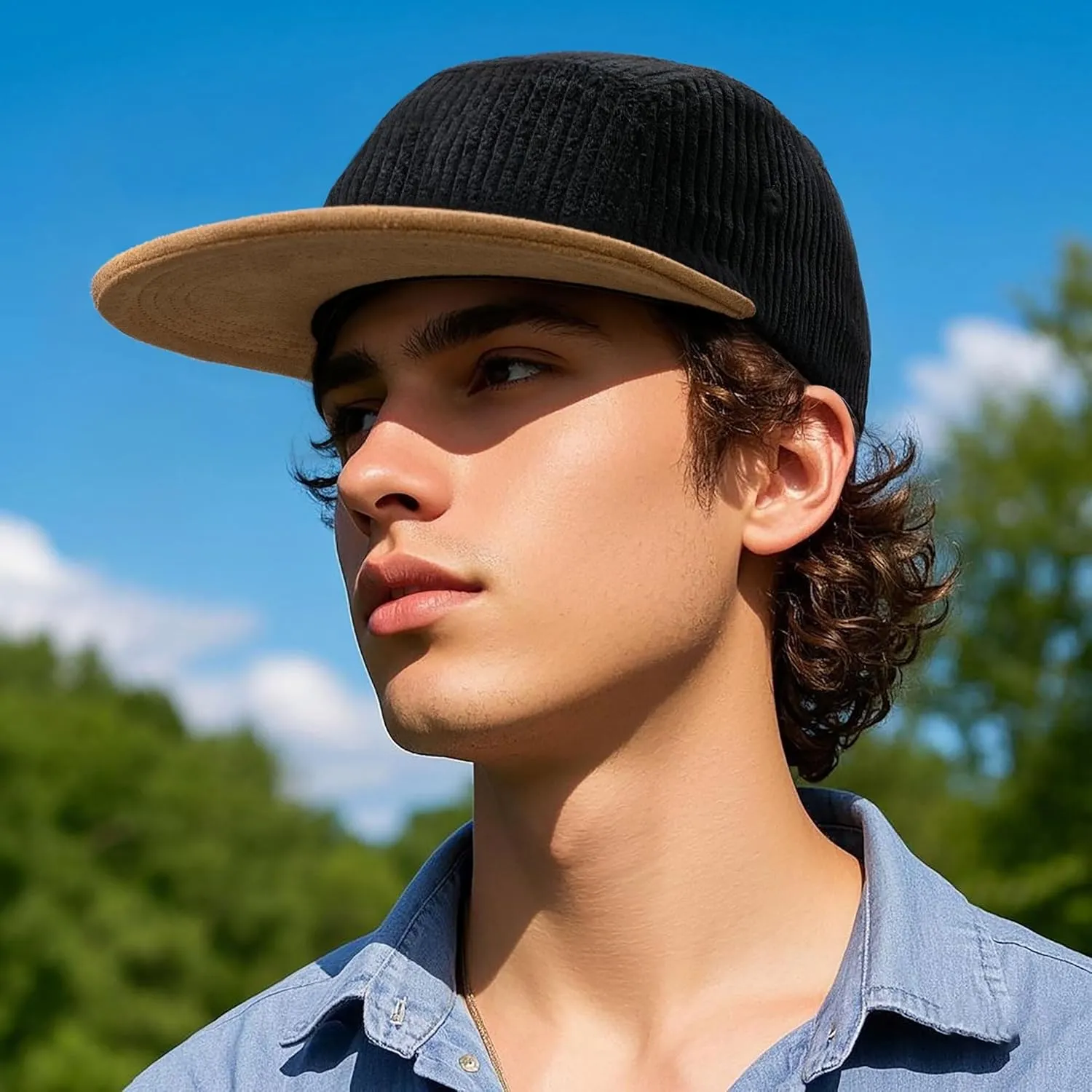 Clakllie 5 Panel Corduroy Baseball Cap for Men Women Soft Flat Brim Trucker Hat Adjustable Hip Hop Hat for Outdoor Travel